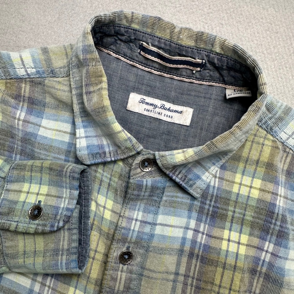 Tommy Bahama Coastline Cord Shirt Mens Large Blue Green Plaid Corduroy L/S